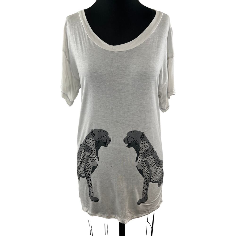 TORN Ronny Kobo Leopard Off White Deep Neck Long Short Sleeve Shirt Top XS